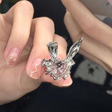 Cifeeo-Vintage Jewelry Y2K Style Pink Crystal Irregular Heart Ring for Women Creative Blue Opal Heart Open Ring Shiny Geometric Zircon Ring Vintage Y2K Jewely