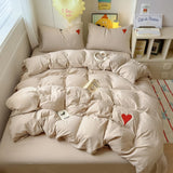 Cifeeo-spring comforter sets Beige Washed Cotton Bedding Set With Red Embroidered Heart
