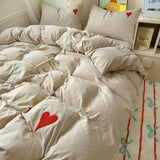 Cifeeo-spring comforter sets Beige Washed Cotton Bedding Set With Red Embroidered Heart