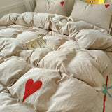 Cifeeo-spring comforter sets Beige Washed Cotton Bedding Set With Red Embroidered Heart