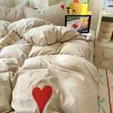 Cifeeo-spring comforter sets Beige Washed Cotton Bedding Set With Red Embroidered Heart