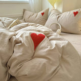 Cifeeo-spring comforter sets Beige Washed Cotton Bedding Set With Red Embroidered Heart