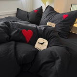 Cifeeo-spring comforter sets Black Washed Cotton Bedding Set With Red Embroidered Heart