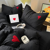 Cifeeo-spring comforter sets Black Washed Cotton Bedding Set With Red Embroidered Heart