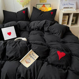 Cifeeo-spring comforter sets Black Washed Cotton Bedding Set With Red Embroidered Heart