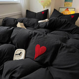 Cifeeo-spring comforter sets Black Washed Cotton Bedding Set With Red Embroidered Heart