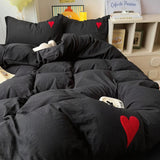 Cifeeo-spring comforter sets Black Washed Cotton Bedding Set With Red Embroidered Heart