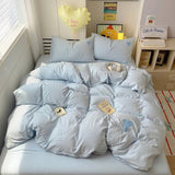 Cifeeo-spring comforter sets Blue Washed Cotton Bedding Set With Blue Embroidered Heart