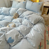 Cifeeo-spring comforter sets Blue Washed Cotton Bedding Set With Blue Embroidered Heart