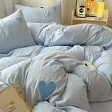 Cifeeo-spring comforter sets Blue Washed Cotton Bedding Set With Blue Embroidered Heart