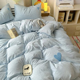 Cifeeo-spring comforter sets Blue Washed Cotton Bedding Set With Blue Embroidered Heart