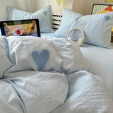 Cifeeo-spring comforter sets Blue Washed Cotton Bedding Set With Blue Embroidered Heart