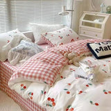 Cifeeo-2025 Spring Bedding Set Korean Style Bedding Set Twin Queen Size Cute Cream Cherry Duvet Cover Flat Sheet Pillowcase Polyester Boys Girls Bed Linen