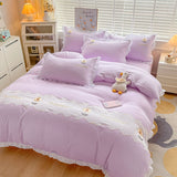 Cifeeo-2025 Spring Bedding Set Kawaii Princess Bedding Set with White Ruffles Korean Style Girls Single Full Duvet Cover No Filling Flat Sheet Pillowcases Kit