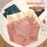 Cifeeo-4-piece Set of Women's Ice Silk Satin Seamless Mid High Waist Sexy Lace Hip Cotton Antibacterial Crotch Thin Shorts Panties