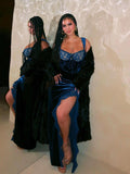Cifeeo-Wedding Guest Dresses for Women 2025 Autumn Maxi Velvet Dress Sexy Split Blue Bodycon Evening Party Dress Elegant