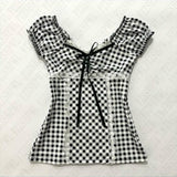 Cifeeo-Vintage Goth rock punk hip hop aesthetic Y2K womens crop top casual slim fit chic bow lace design plaid tee harajuku emo girl streetwear