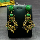 Cifeeo-vintage Valentines Gift European and American Fashion Trend Retro Art Emerald Inlaid with Glass Dragon Element Relief Pendant Earrings-Mom's Gift