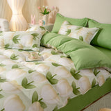 Cifeeo-2025 Spring Bedding Set Cream Green Floral Duvet Cover Set No Filler Ins Style Full Size Girls Boys Flat Sheet Pillowcase Bedspread Cute Kawaii Bedding