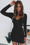 Cifeeo- Long Sleeve V Neck Ruched Bodycon Mini Dress - Black