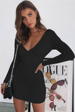 Cifeeo- Long Sleeve V Neck Ruched Bodycon Mini Dress - Black