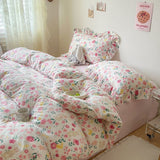 Cifeeo-2025 Spring Bedding Set Cute Floral Duvet Cover Set Ins Korean Style with Flat Sheet Pillowcase No filler Washed Cotton Queen Double Home Bed Linens