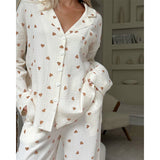 Cifeeo-Summer New Love Heart Print Pyjama 100% Cotton Long Sleeve Set 2Pcs Outfit Lapel Sleepwear Button Down Women's Pajamas Nightwear