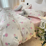 Cifeeo-2025 Spring Bedding Set Ins Pink Tulip Bedding Set Floral Duvet Cover Flat Sheet with Pillowcases No Filling Single Queen Size Boys Girls Bed Linen