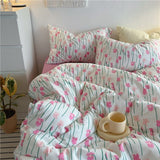 Cifeeo-2025 Spring Bedding Set Korean Style Bedding Set Twin Queen Size Cute Cream Cherry Duvet Cover Flat Sheet Pillowcase Polyester Boys Girls Bed Linen