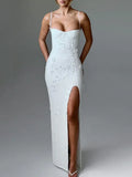 Cifeeo-Flower Appliques Spaghetti Strap Sexy Maxi Dress Women Fashion White Backless Split Evening Club Party Dress Elegant