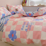 Cifeeo-2025 Spring Bedding Set Pink Blue Duvet Cover Set with Flat Sheet Pillowcases No Filler Checkerboard Flower Ins Single Full Queen Size Girls Bedding Kit