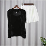 Cifeeo-Winter 2 Pieces Dress Set Women Elegant Long Sleeve Velvet Vestidos and Mini Pleated Skirt Set Casual Party Dresses