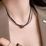 Cifeeo-Vintage Jewelry Y2K Style Vintage Leather Brown Stone Pendant Necklace Stacking Choker Temperament Clavicle Chain for Women Girl Autumn Winter Necklace