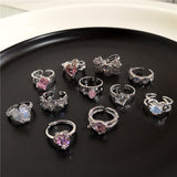 Cifeeo-Vintage Jewelry Y2K Style Pink Crystal Irregular Heart Ring for Women Creative Blue Opal Heart Open Ring Shiny Geometric Zircon Ring Vintage Y2K Jewely