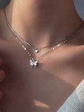 CIFEEO- Everyday Silver Diamond Butterfly Layered Pendant Necklace Beach Vacation Party Jewelry QAR57