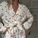 Cifeeo-Summer New Love Heart Print Pyjama 100% Cotton Long Sleeve Set 2Pcs Outfit Lapel Sleepwear Button Down Women's Pajamas Nightwear