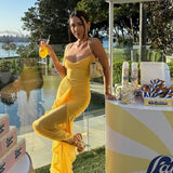 Cifeeo-Summer Birthday Party Dresses 2025 Irregular Ruffle Elegant Mesh Dress Yellow Long Dresses for Women
