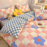 Cifeeo-2025 Spring Bedding Set Pink Blue Duvet Cover Set with Flat Sheet Pillowcases No Filler Checkerboard Flower Ins Single Full Queen Size Girls Bedding Kit