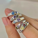 Cifeeo-Vintage Jewelry Y2K Style Colorful Zircon Rings for Women Irregular Matte Metal Ring Retro Personality Index Finger Jewelry Hip Hop Girls Accessories Gift