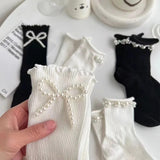 Cifeeo-2 Pair Women Socks Cotton Female Thin Cute Sweet Kawaii Lolita Harajuku Summer Pearl Stockings Lace Sock White Black Ruffle