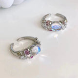 Cifeeo-Vintage Jewelry Y2K Style Pink Crystal Irregular Heart Ring for Women Creative Blue Opal Heart Open Ring Shiny Geometric Zircon Ring Vintage Y2K Jewely