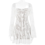 Cifeeo-work holiday party outfit INS Lace New Bell Sleeve Tube Top Dress Sexy Hot Girl French Casual Backless Hip Skirt