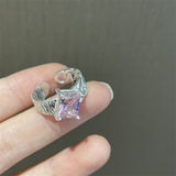 Cifeeo-Vintage Jewelry Y2K Style Pink Crystal Irregular Heart Ring for Women Creative Blue Opal Heart Open Ring Shiny Geometric Zircon Ring Vintage Y2K Jewely