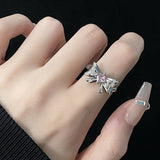 Cifeeo-Vintage Jewelry Y2K Style Pink Crystal Irregular Heart Ring for Women Creative Blue Opal Heart Open Ring Shiny Geometric Zircon Ring Vintage Y2K Jewely