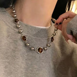 Cifeeo-Vintage Jewelry Y2K Style Vintage Leather Brown Stone Pendant Necklace Stacking Choker Temperament Clavicle Chain for Women Girl Autumn Winter Necklace