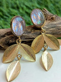 CIFEEO- Casual Natural Opal Gold Leaves Pattern Earrings Everyday Ethnic Jewelry QAG48
