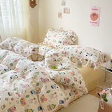 Cifeeo-2025 Spring Bedding Set Cute Floral Duvet Cover Set Ins Korean Style with Flat Sheet Pillowcase No filler Washed Cotton Queen Double Home Bed Linens