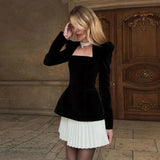 Cifeeo-Winter 2 Pieces Dress Set Women Elegant Long Sleeve Velvet Vestidos and Mini Pleated Skirt Set Casual Party Dresses