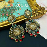 Cifeeo-vintage Valentines Gift European and American Fashion Trends Vintage Avatar Tassel Enamel Glass Earrings-Mom's Gift