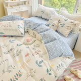 Cifeeo-2025 Spring Bedding Set Cream Green Floral Duvet Cover Set No Filler Ins Style Full Size Girls Boys Flat Sheet Pillowcase Bedspread Cute Kawaii Bedding